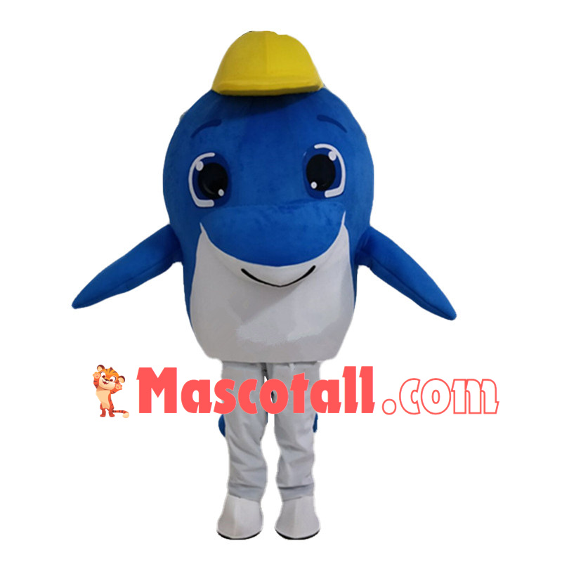 Cartoon Dolphin In Yellow Hat Mascot Costume 