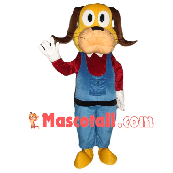 Yellow Dog In Red Jacket and Blue Jumpsuit Mascot Cartoon Costume