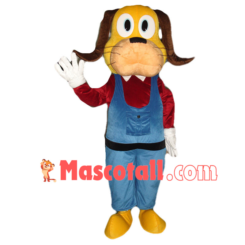 Yellow Dog In Red Jacket and Blue Jumpsuit Mascot Cartoon Costume