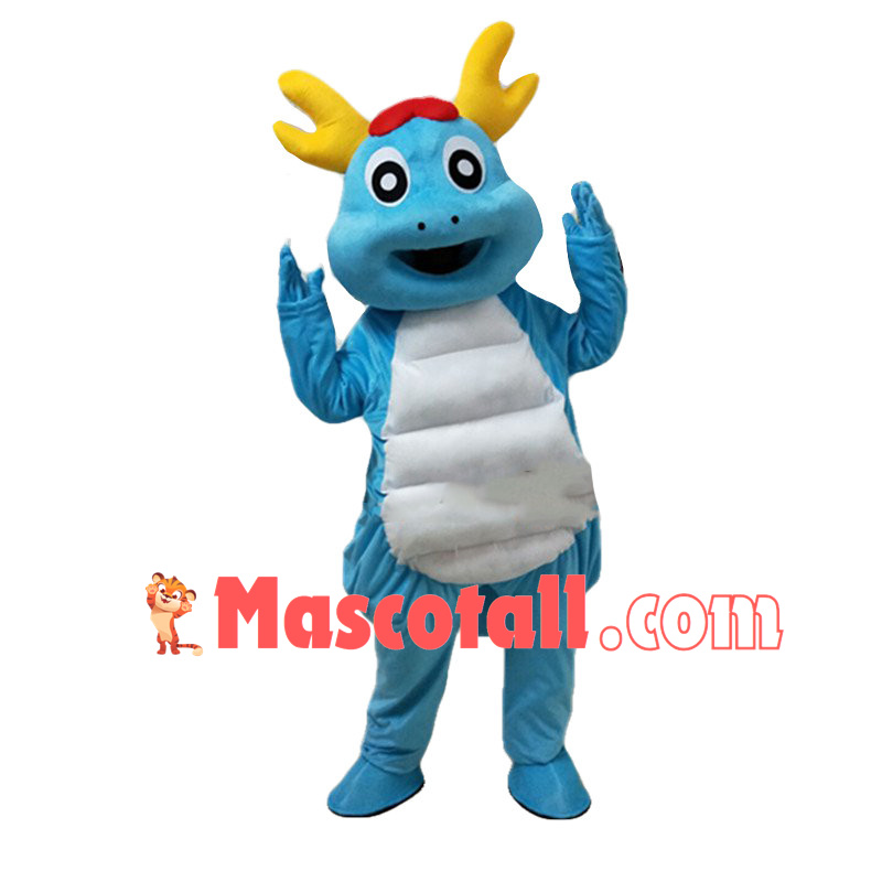 Golden Horned Blue Dragon Cartoon Mascot Costume