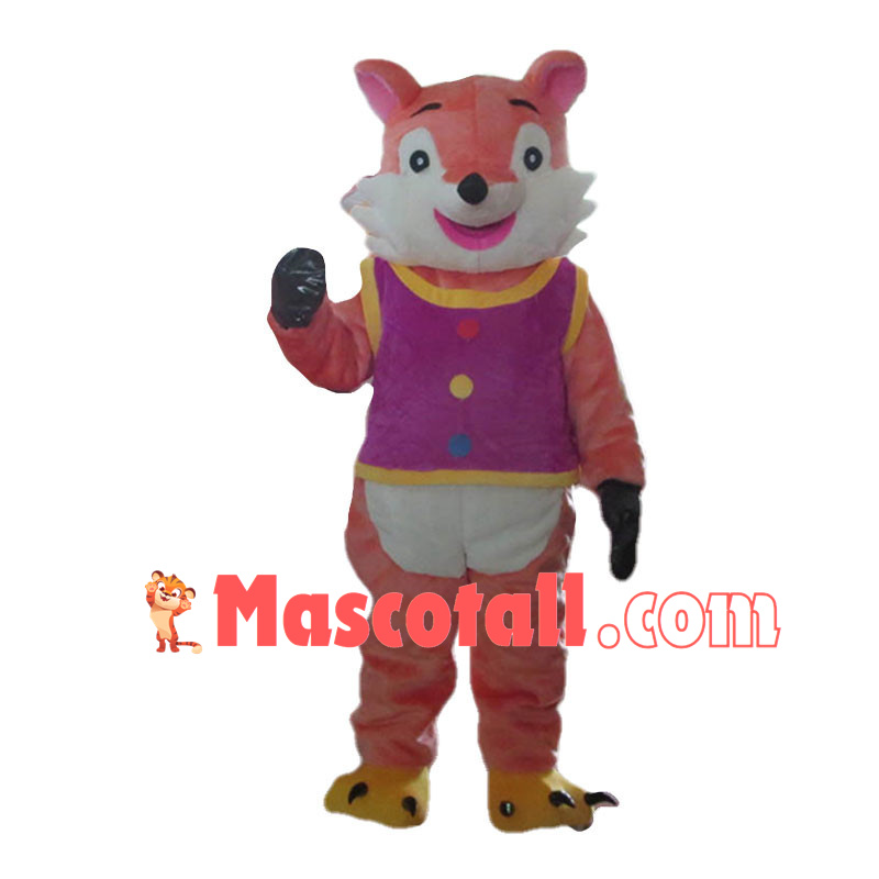 Smiling Orange Fox In Purple Vest Mascot Costume	