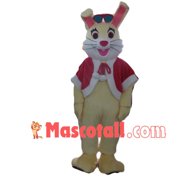 Happy Yellow Bunny With Red Cloak And Sunglasses Mascot Costume For Christmas
