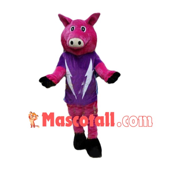 Pink Pig In Purple Lightning Bolt T-shirt Mascot Costume	