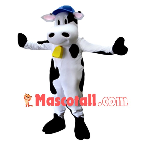 Happy Cow With Blue Hat and Golden bell Mascot Costume	