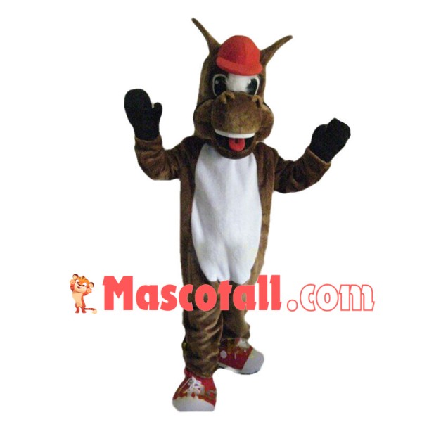 Lovely Brown Horse In Red Hat Mascot Costume	
