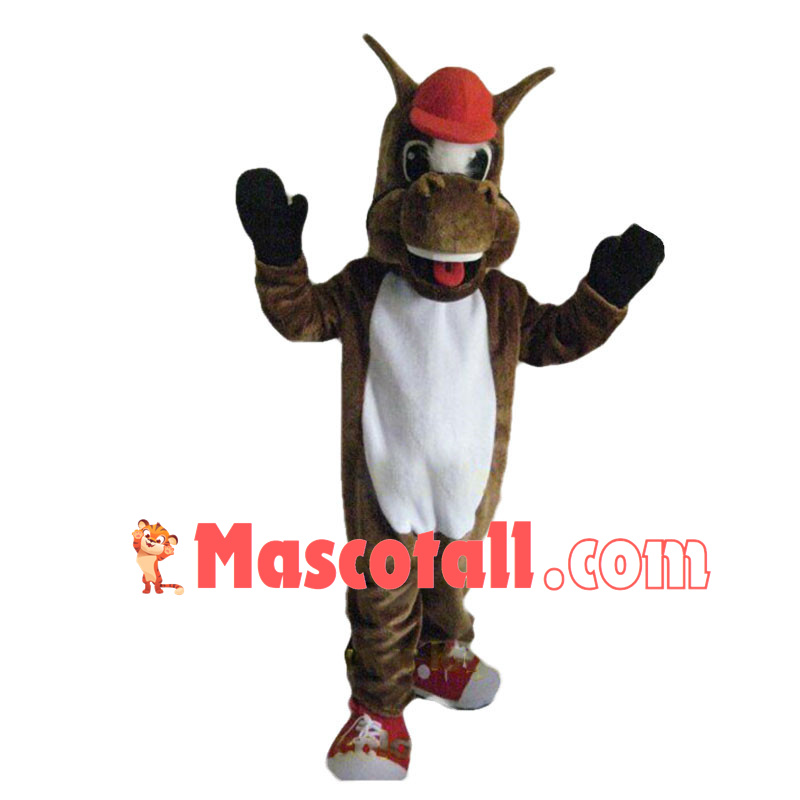 Lovely Brown Horse In Red Hat Mascot Costume	