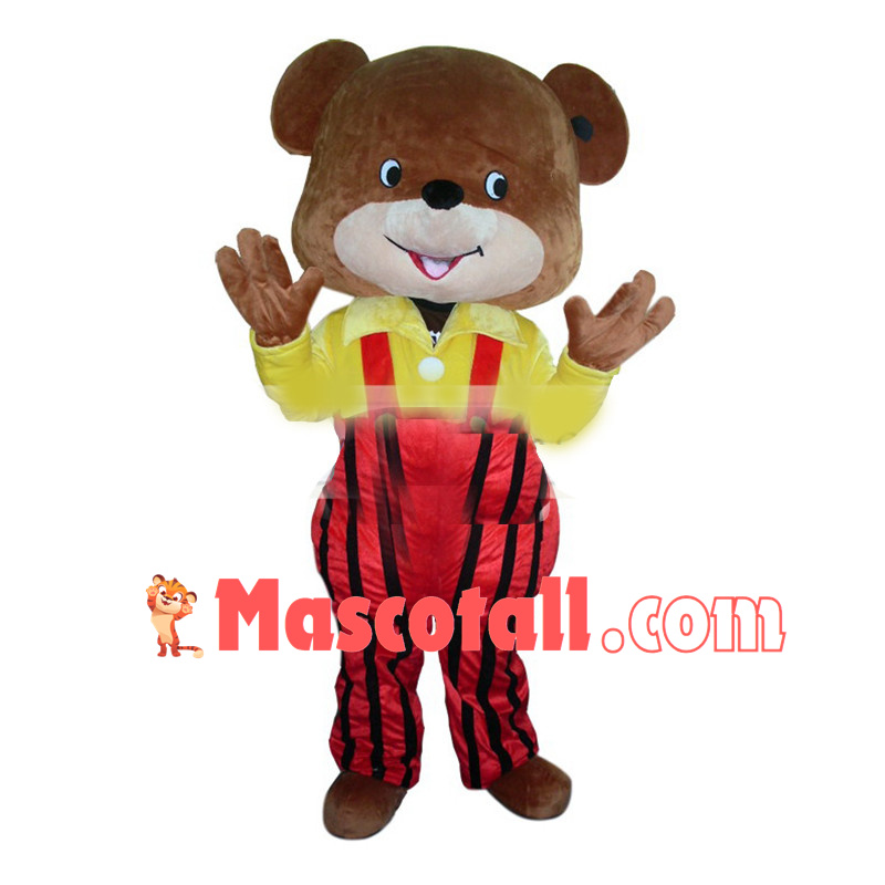 Lovely Bear In Yellow Shirt And Red Jumpsuit Mascot Costume