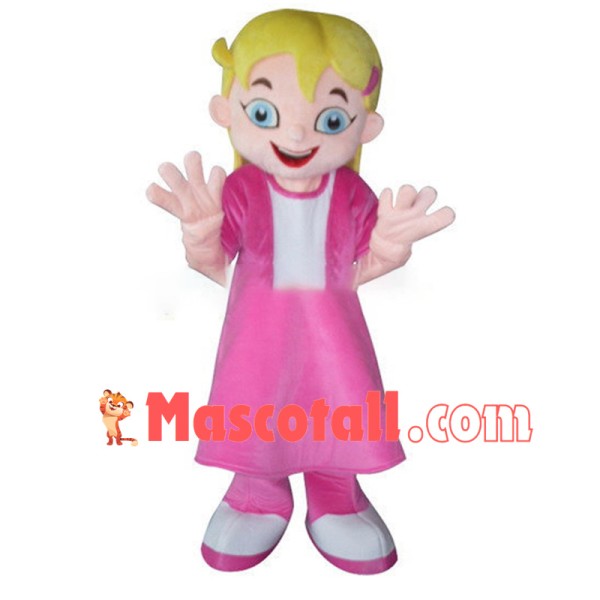 Pretty Girl With Yellow Long Hair In Pink Dress Mascot Costume