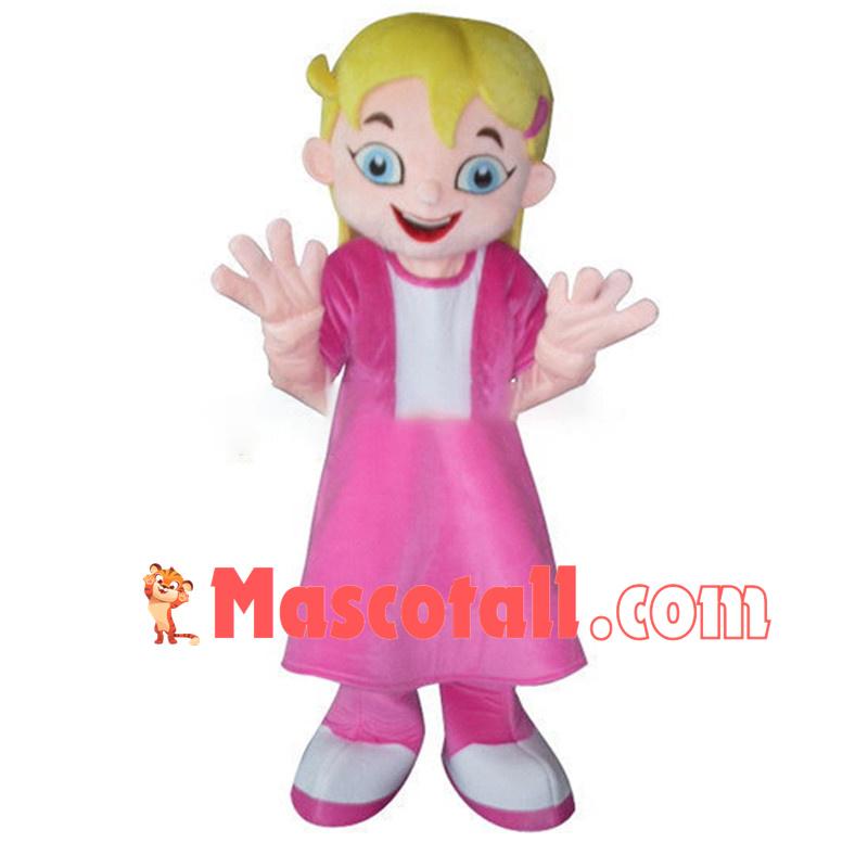 Pretty Girl With Yellow Long Hair In Pink Dress Mascot Costume