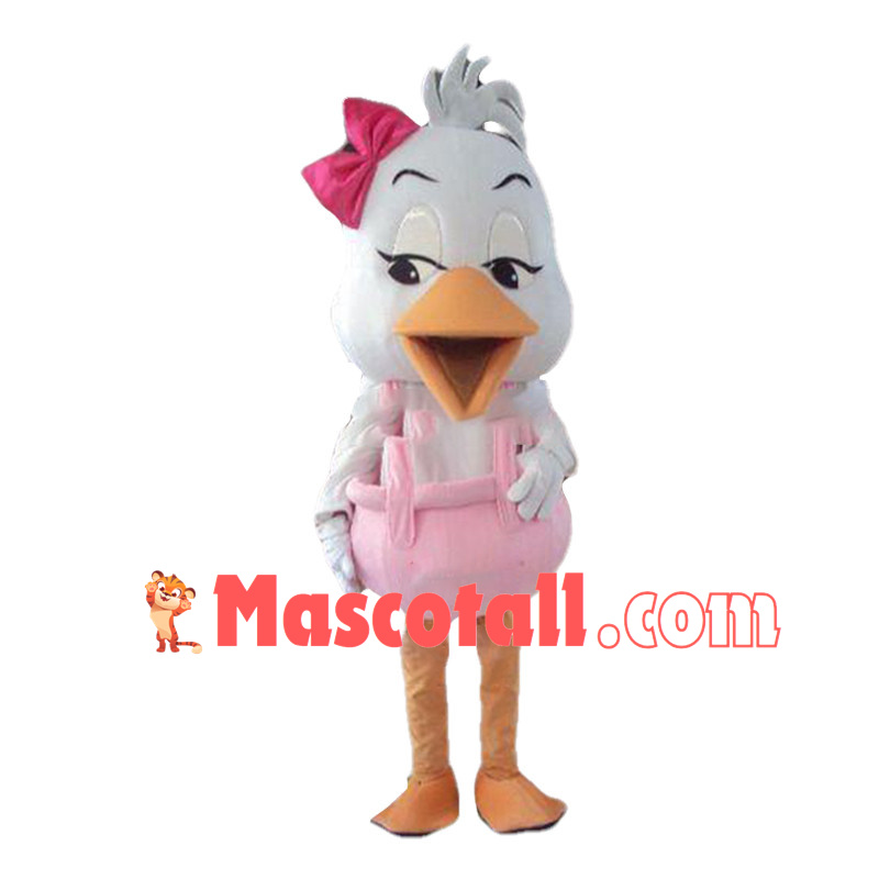 Charming Cartoon White Duck Girl With Pink Jumpsuits and Pink Bow Hairpins Mascot Costume