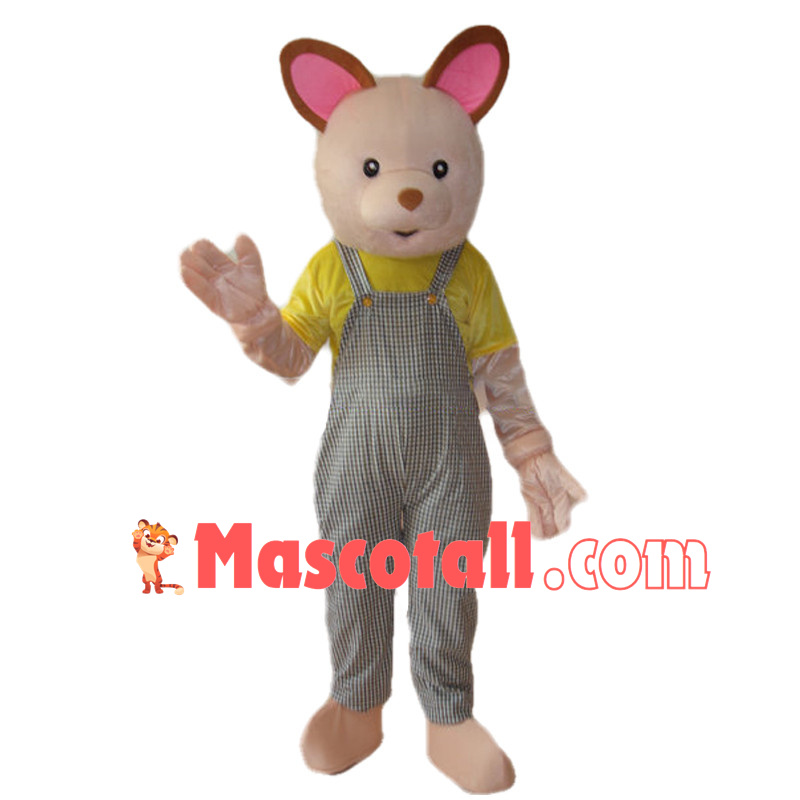 Cartoon Rabbit With Yellow Short Sleeve and Plaid Jumpsuit Mascot Costume