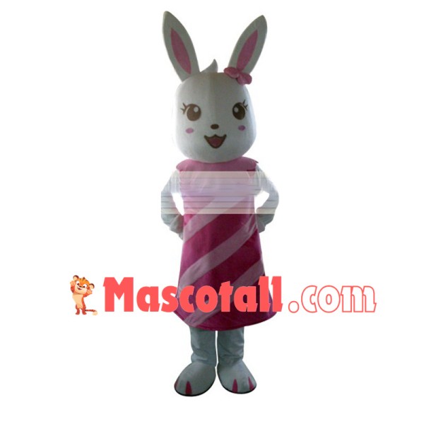 Cute White Rabbit Girl With In Pink Dress Cartoon Mascot Costume 