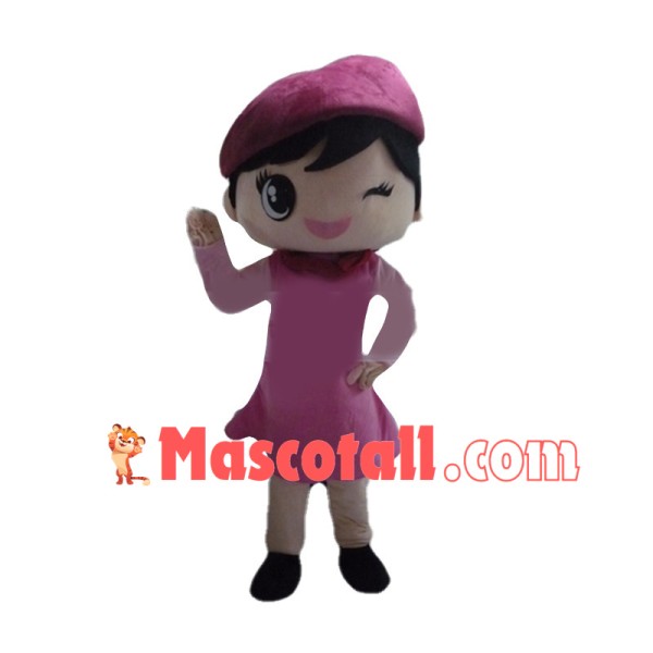 Winking Girl In Pink Dress and Pink Beret Mascot Costume