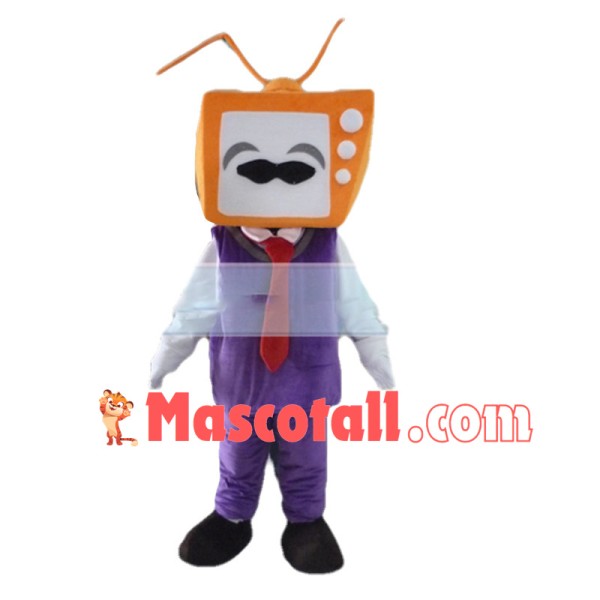 Orange TV Staff In Purple Suit Mascot Costume