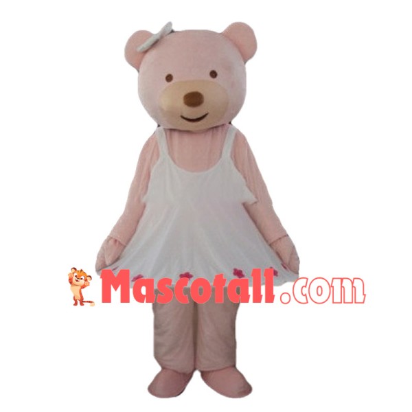 Cute Cartoon Pink Bear With White Dress and White Bow Hairpin Mascot Costume
