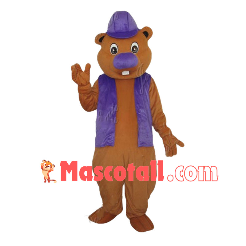 Purple Nosed Beaver With Purple Hat and Purple Vest Mascot Costume