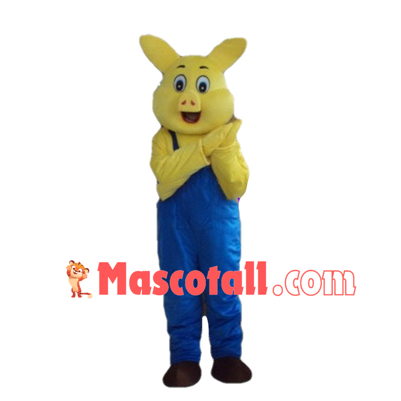 Curious Yellow Pig In Blue Jumpsuit Mascot Costume