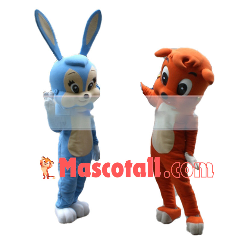Cute Blue Bunny and Orange Fox Mascot Costume