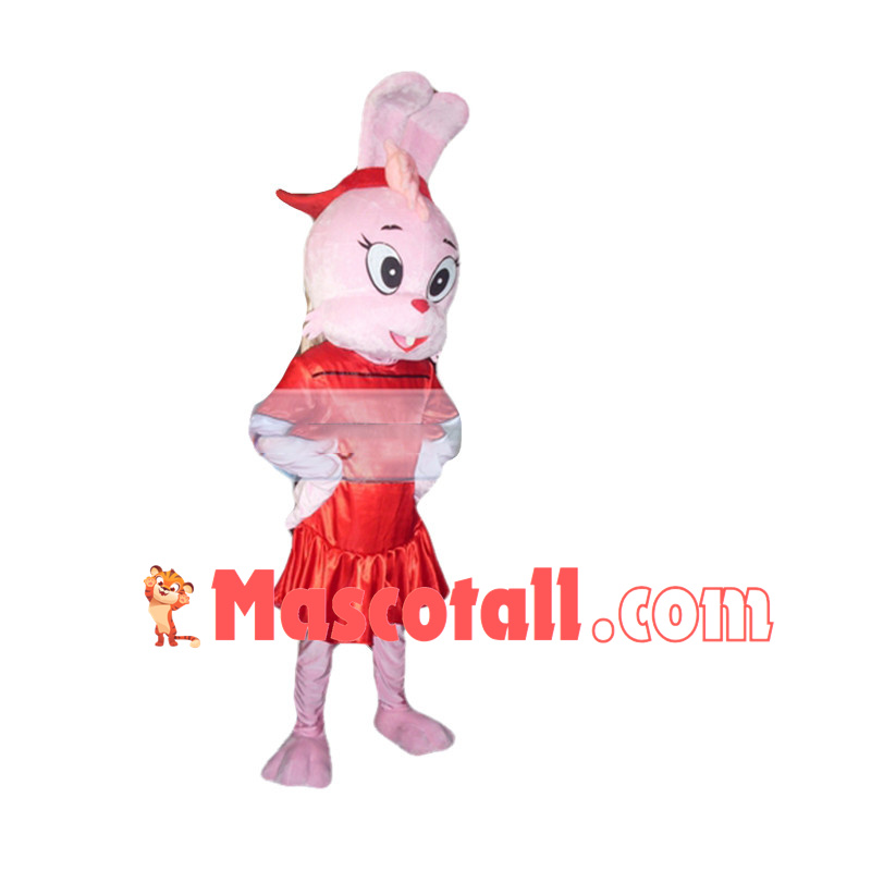 Cartoon Pink Bunny In Red Dress Mascot Costume