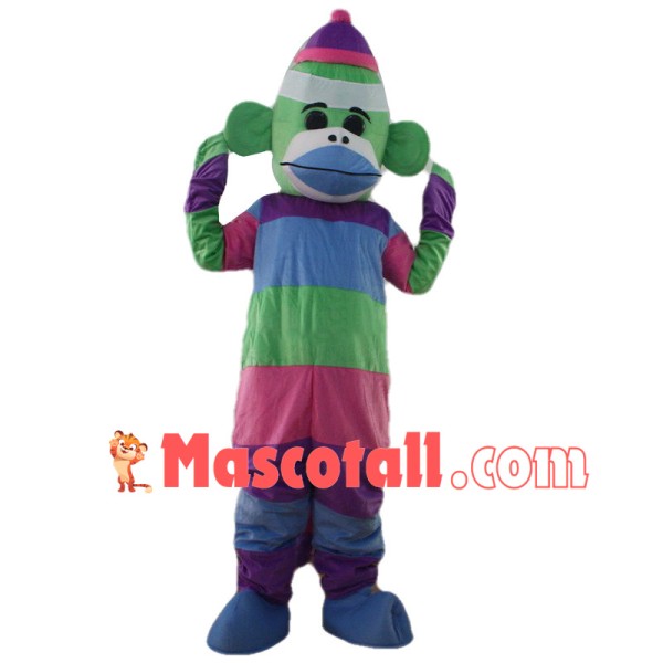 Rainbow Striped Sock Monkey Mascot Costume 