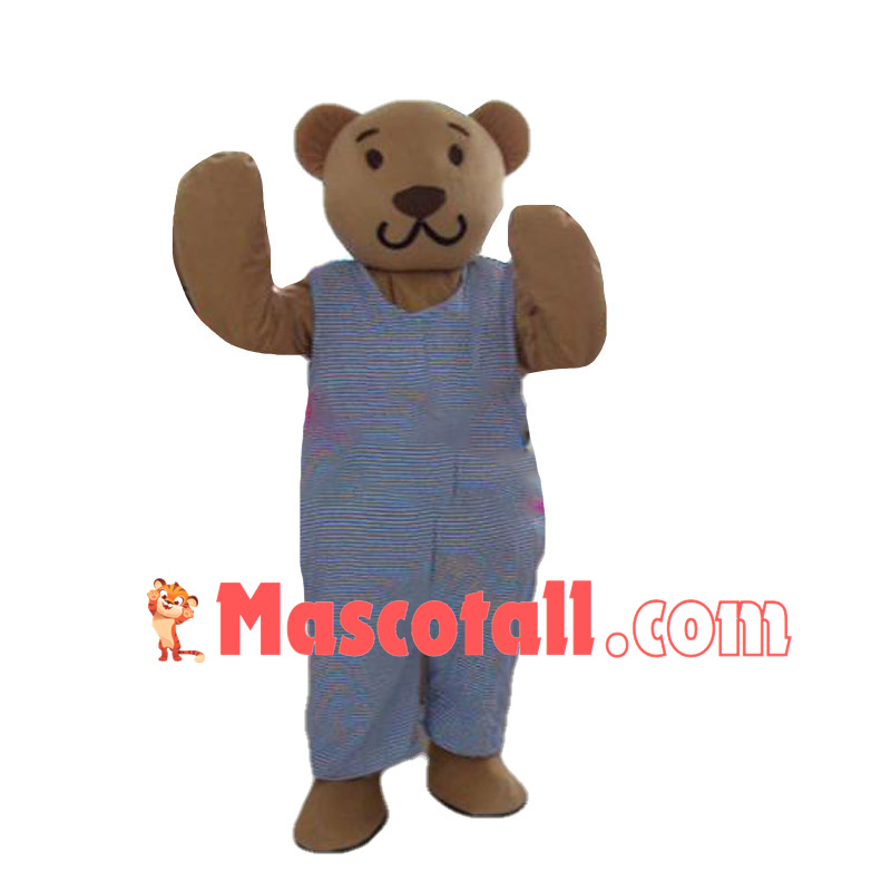 Brown Teddy Bear In Striped Jumpsuit Mascot Costume 