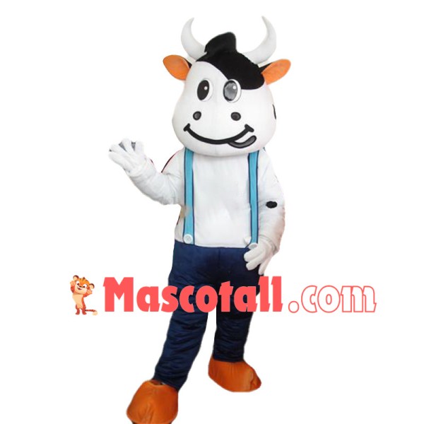 Lovely Cow Wearing Blue Overalls Mascot Costume