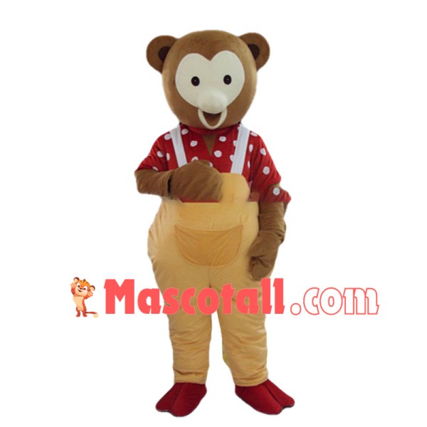 Brown Bear In Red Shirt and Yellow Jumpsuit Mascot Costume