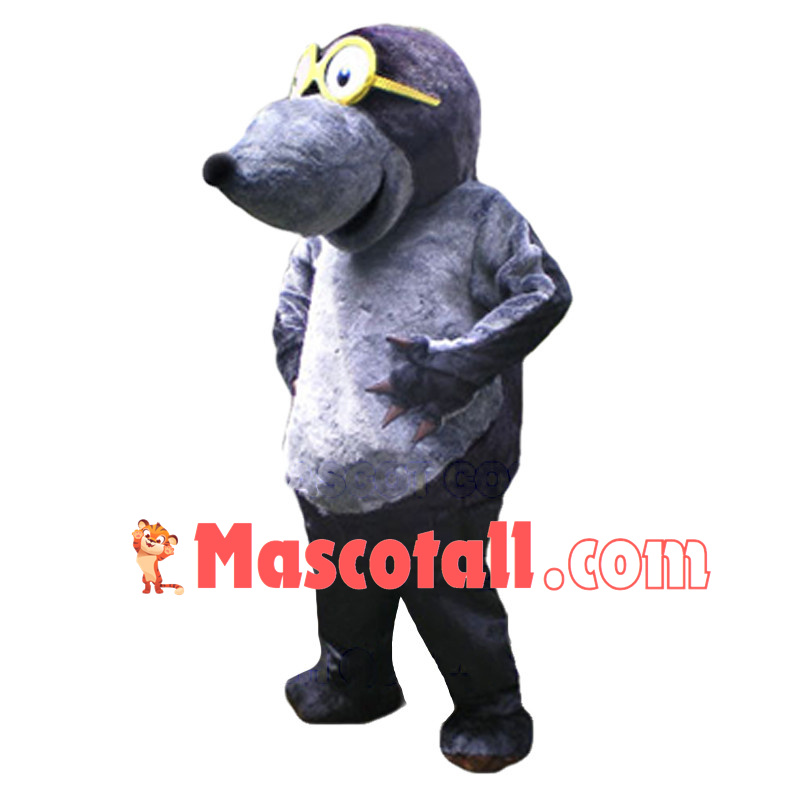 Grey Mole With Yellow Glasses Mascot Costume	