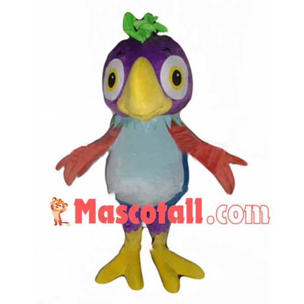 Purple Parrot With Green Leaves On Head Mascot Costume 	