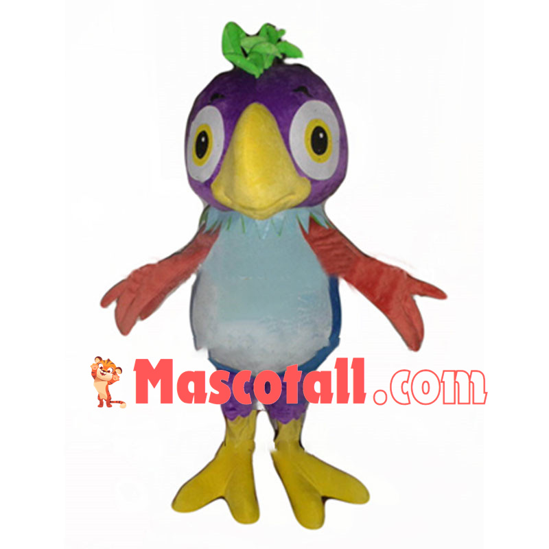 Purple Parrot With Green Leaves On Head Mascot Costume 	